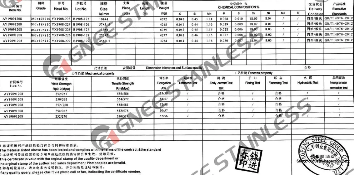 304 pipe Material Test Certificates 304 pipe Material Test Certificates