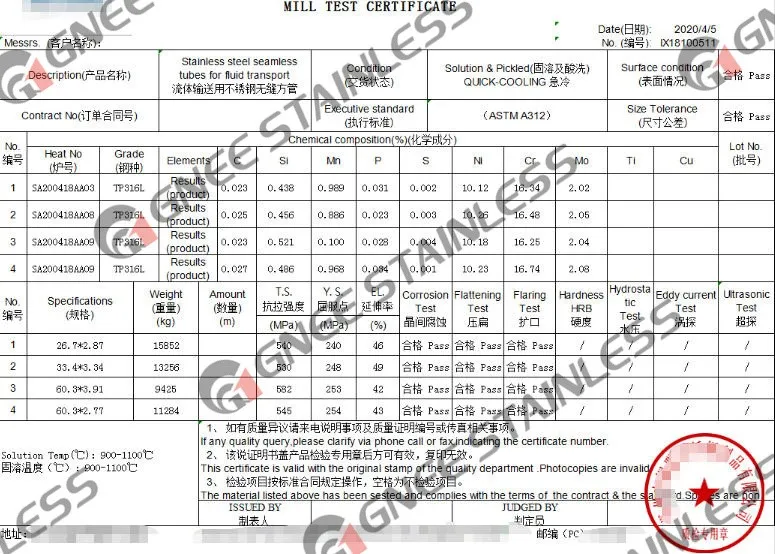 316 pipe Material Test Certificates 316 pipe Material Test Certificates