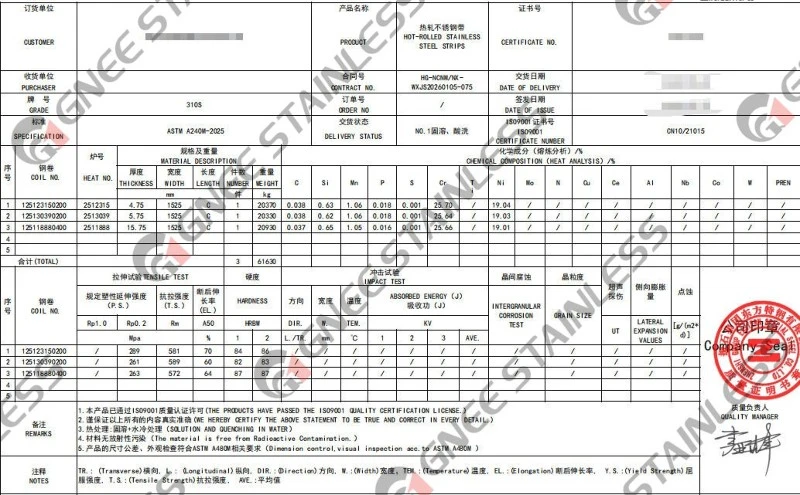 EN 10204 3.1 Material Test Certificate EN 10204 3.1 Material Test Certificate