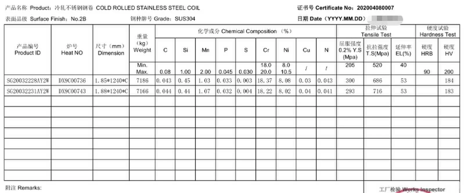 304 Stainless Steel Coil Material Certificate 304 Stainless Steel Coil Material Certificate