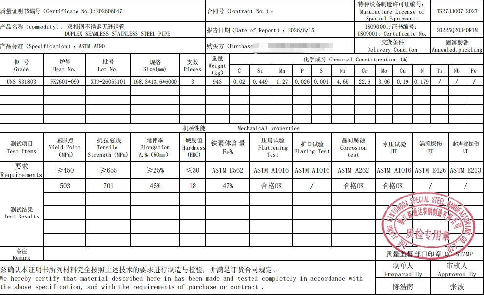 Duplex 2205 Pipe Material Certificate Duplex 2205 Pipe Material Certificate