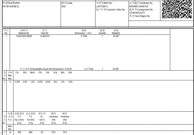 ASME SA240 304L Plate Material Certificate ASME SA240 304L Plate Material Certificate